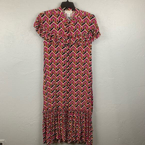 Anthro Corey Lynn Calter Shirt Dress Size Large Pink Geometric Print Tiered - Picture 4 of 11
